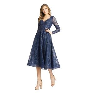 Mac Duggal Blue A-Line V-Neck Midi Dress